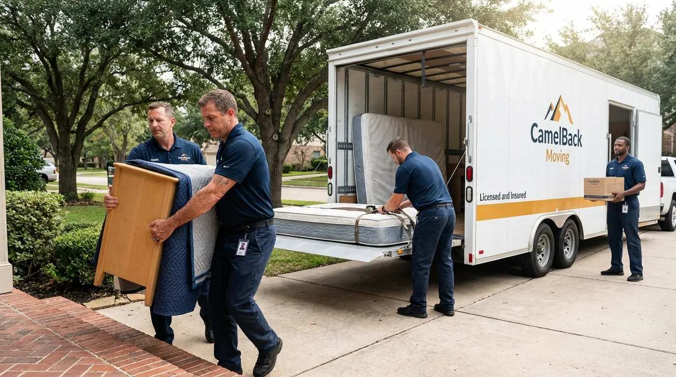 Crew loading residential truck for cross-state move from Keene, TX