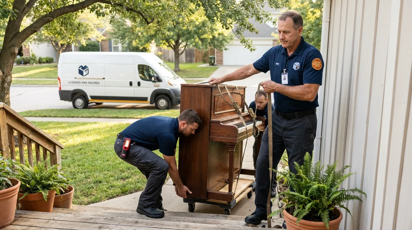 Licensed piano movers securing grand piano in Keene, TX